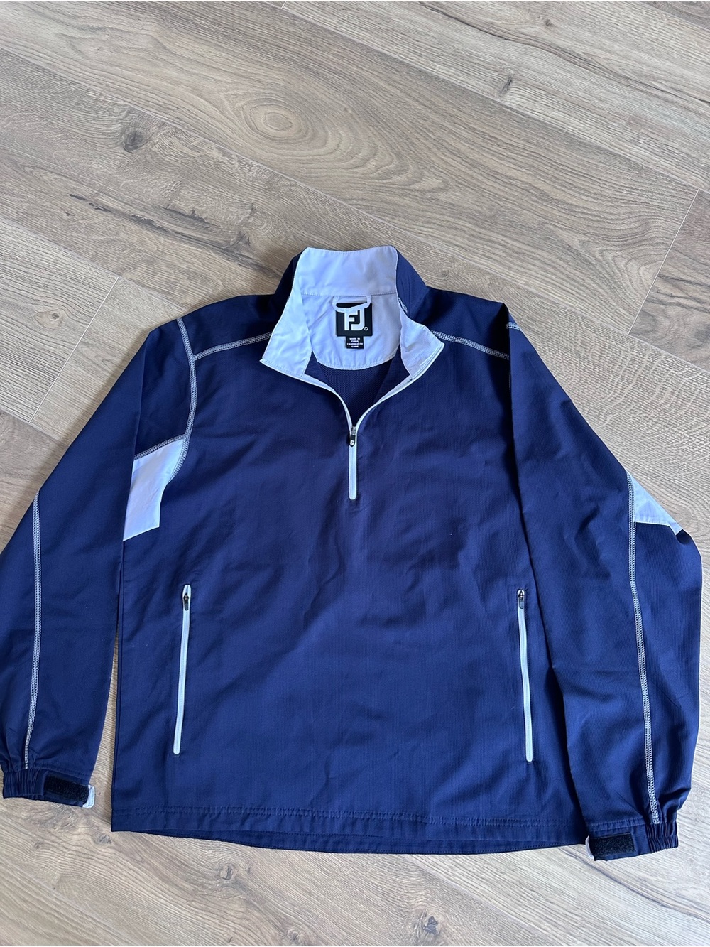 FootJoy FJ Men’s Golf Pullover Jacket Navy Blue White 1/4 Zip Windbreaker
